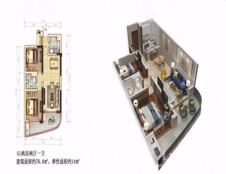 广西北海金昌皇家海湾公馆户型图 2室2厅1卫1厨76㎡