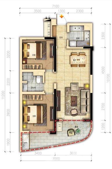 广西北海金昌皇家海湾公馆户型图 2室2厅1卫1厨77㎡