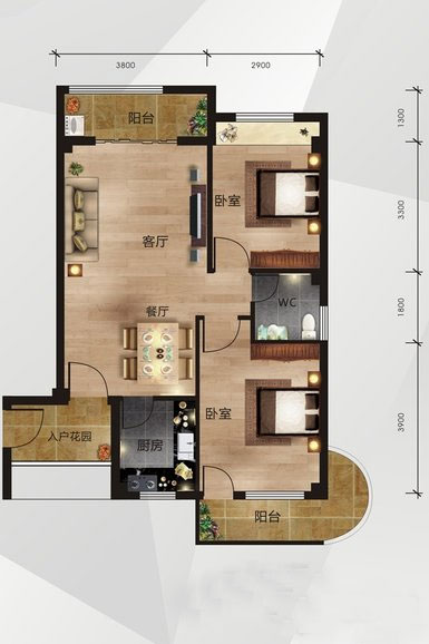 广西北海中南明珠户型图 2室2厅1卫1厨84㎡