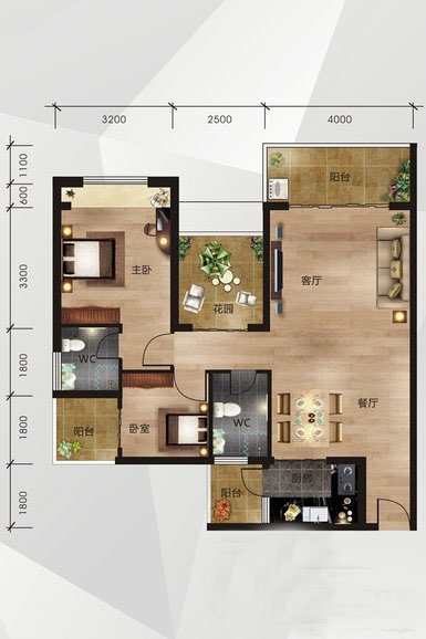 广西北海中南明珠户型图 2室2厅1卫1厨88㎡